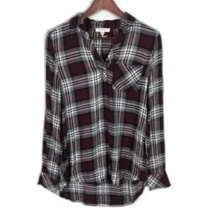 NWT Beachlunchlounge Yolanda Amore Burgundy Red Plaid Long Sleeve Popover Small